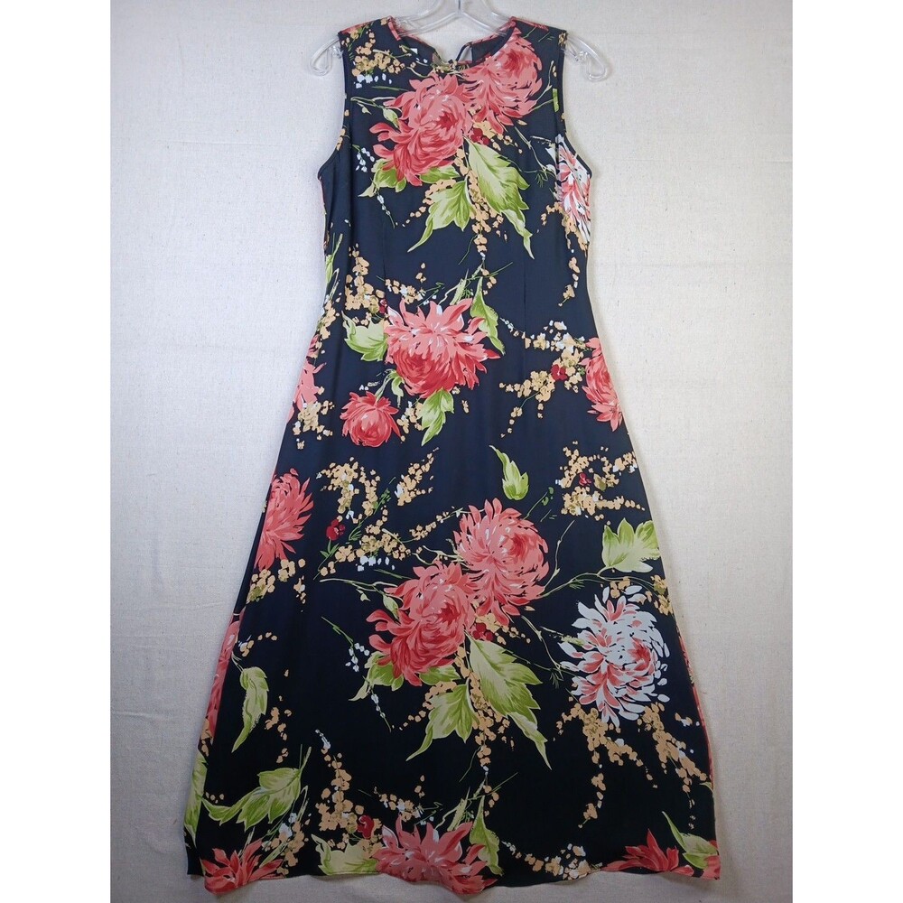 Talbot's Petites Silk Floral Midi Dress Size 10 Black Pink Green Sleeveless EUC